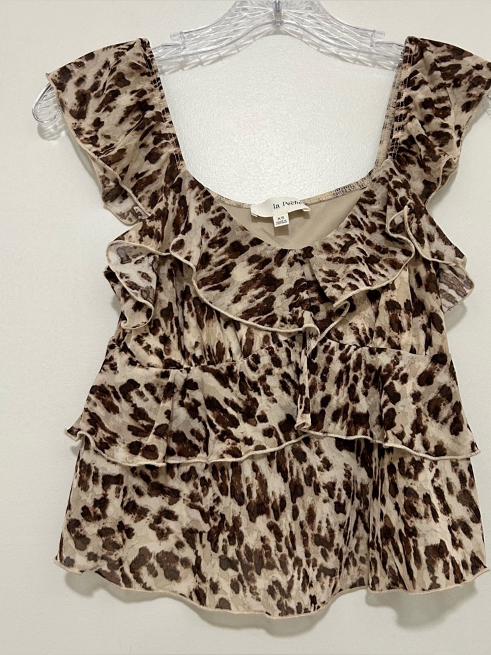 La Pêche Leopard Print Ruffled Babydoll Top Sheer Mesh Off Shoulder Blouse XS